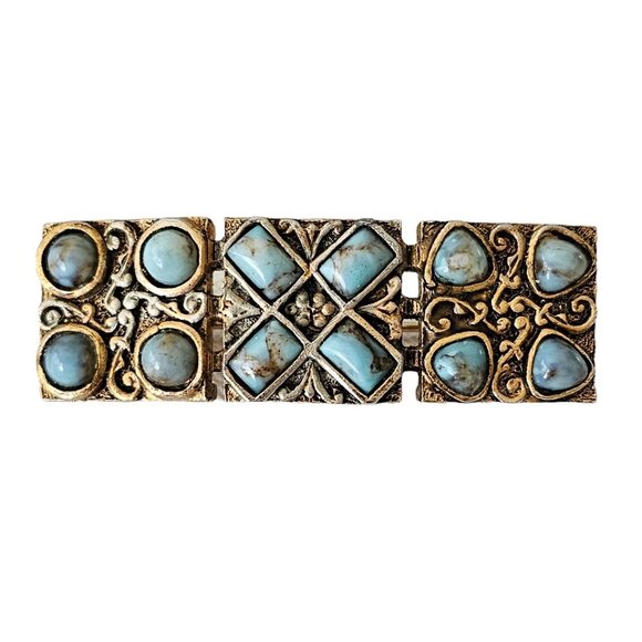 P&M Paris Gold Tone Blue Venetian Style Glass Cabochon Panel Bar Brooch, L254 - Picture 1 of 9
